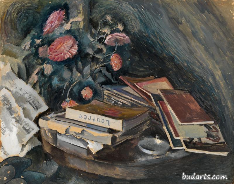 有书和粉色花朵的静物画