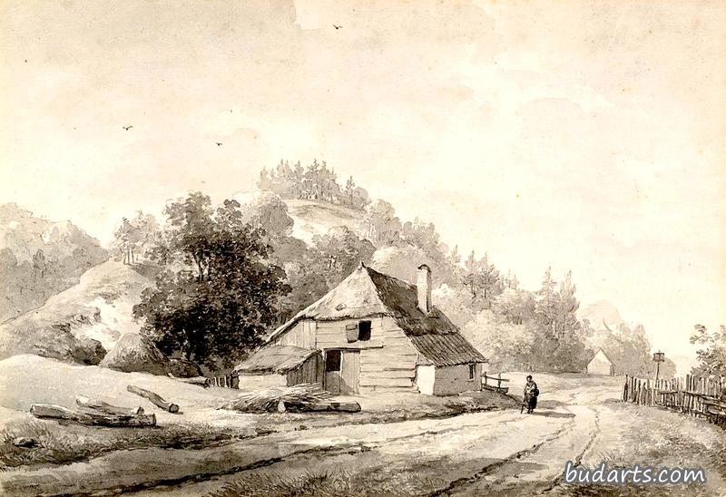 格德兰的风景,一个女人在农场旁的乡间小路上 格德兰的风景,一个女人在农场旁的乡间小路上