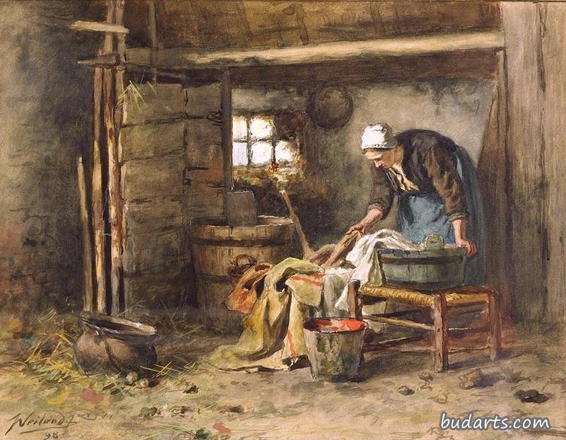 小屋内的洗衣妇
