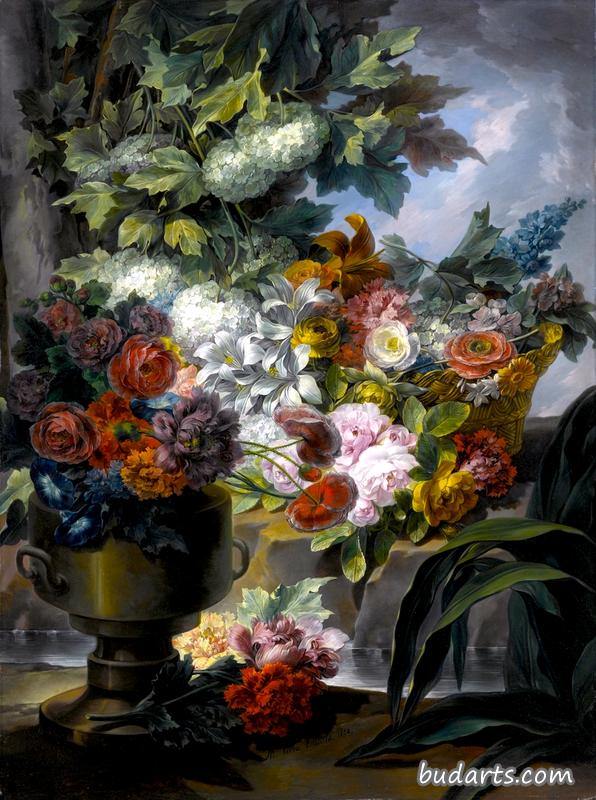 An Outdoor Scene with a Fountain, an Urn and a Basket of Roses, Peonies, Poppies, Hydrangeas and Other Flowers
