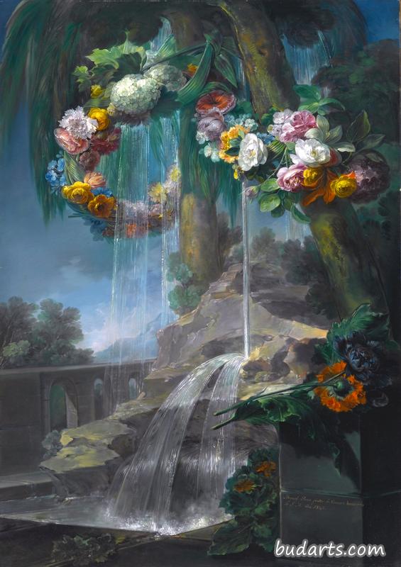 一种室外景色，泉水流入游泳池，花环环绕，还有一条水渠