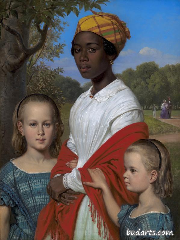 Portrait of Otto Marstrand's two Daughters and their West-Indian Nanny, Justina, in the Frederiksberg Gardens near Copenhagen Portrait of Otto Marstrand's two Daughters and their West-Indian Nanny, Justina, in the Frederiksberg Gardens near Copenhagen