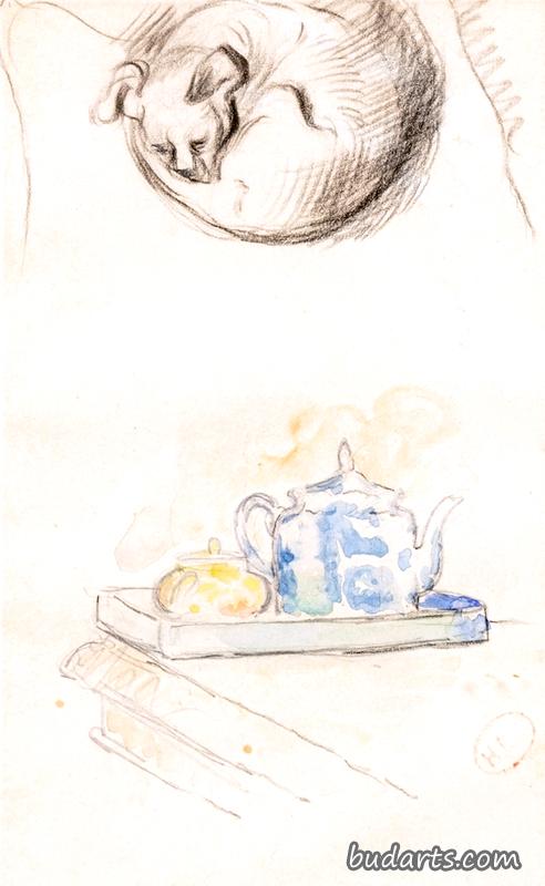 蓝色茶壶和狗的静物