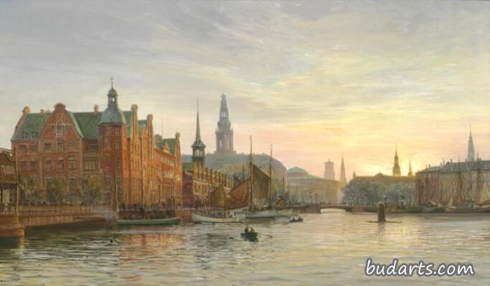 View from Børsgraven towards Børsen, Christiansborg and the Towers