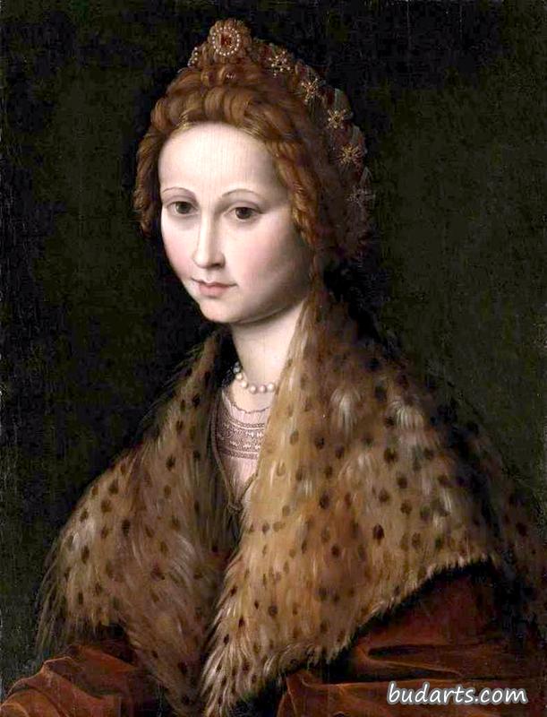 Portrait of a lady, half-length, in a red coat with a leopard-fur mantle, pearls and jewels in her hair Portrait of a lady, half-length, in a red coat with a leopard-fur mantle, pearls and jewels in her hair
