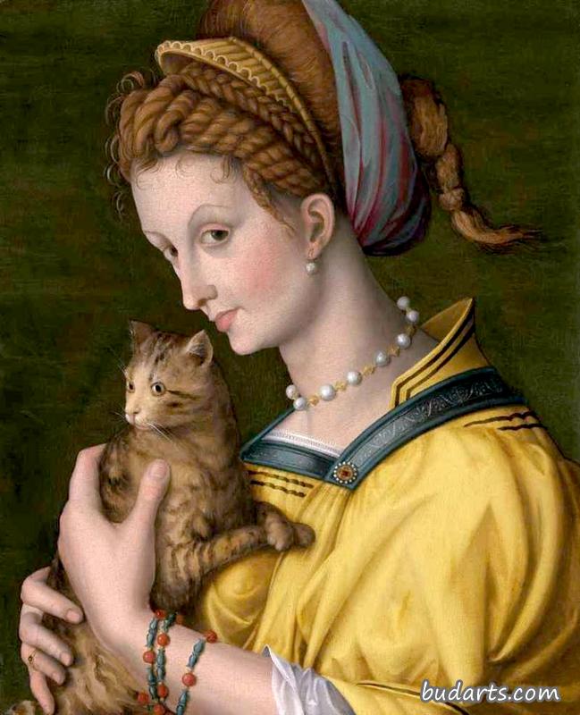 一位抱猫的年轻女士的画像