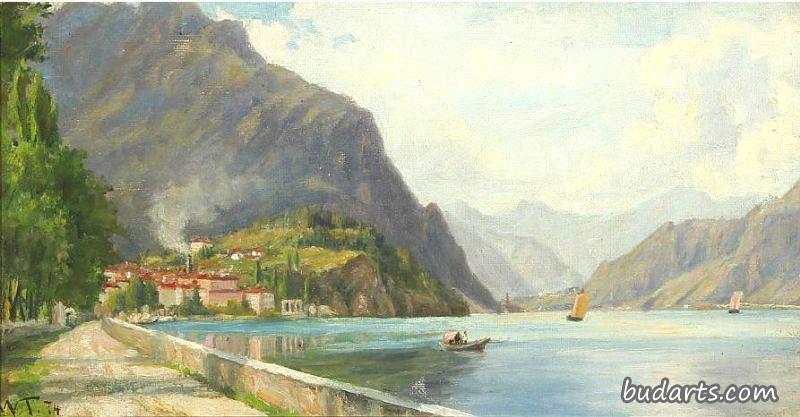 Mountain scenery with houses and boats at Lago di Garda