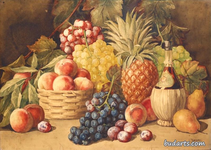 有一篮桃子、葡萄、菠萝和一箱酒的静物画