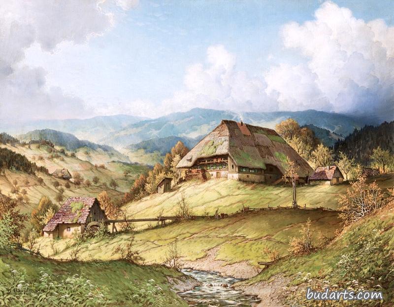 夏季景观中的黑色森林小屋，形成令人印象深刻的云层