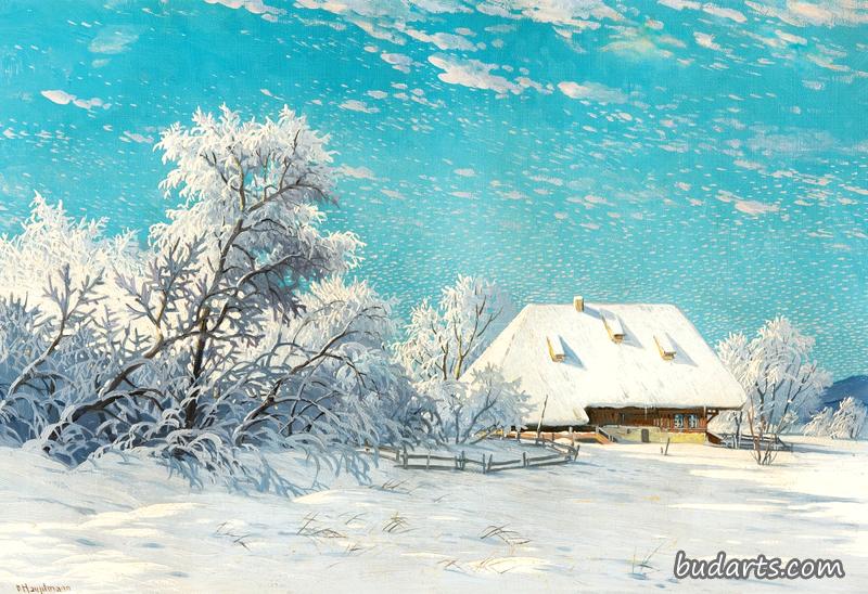 一大早，白雪覆盖的黑森林小屋