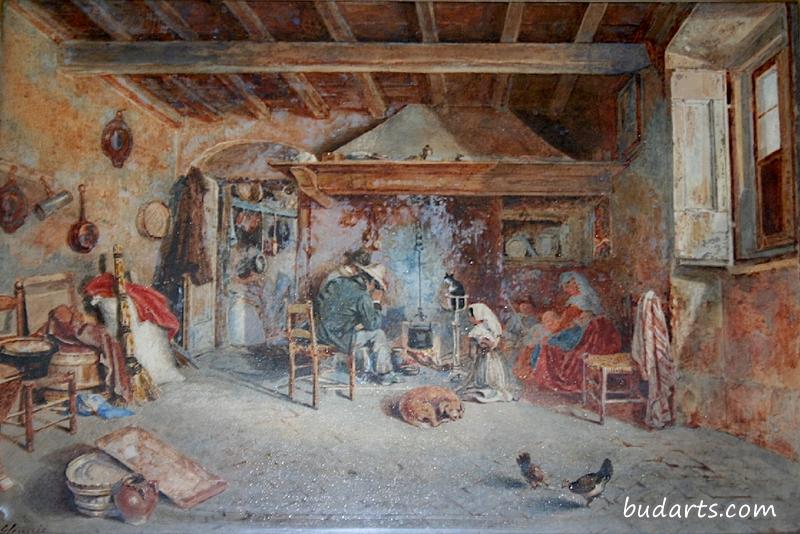 有火旁人物的小屋内部