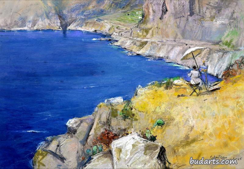 卡普里的风景，一个女人在海湾上画画