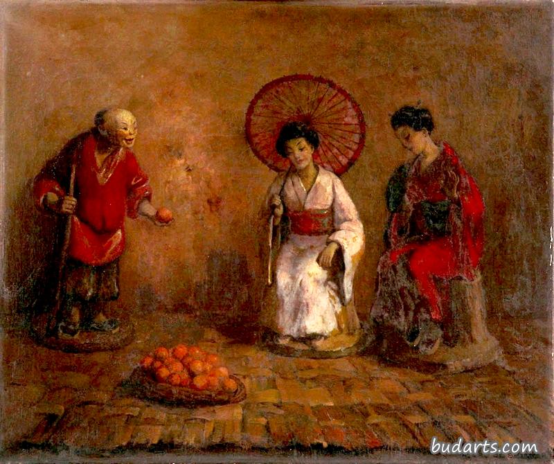 静物画，三尊中国陶器雕像和一个装满桔子的篮子