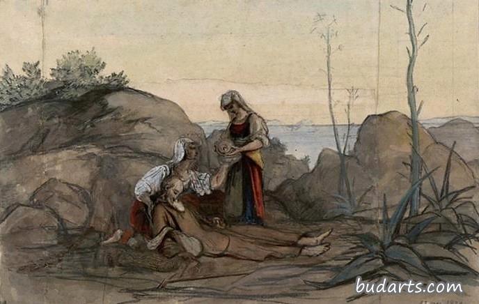 Deux italiennes secourent un vieux moine étendu sur le sol (Two Italians Rescue an Old Monk Lying on the Ground) Deux italiennes secourent un vieux moine étendu sur le sol (Two Italians Rescue an Old Monk Lying on the Ground)