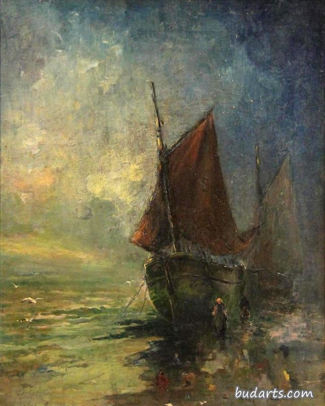 北海滩，两艘鲱鱼船休息