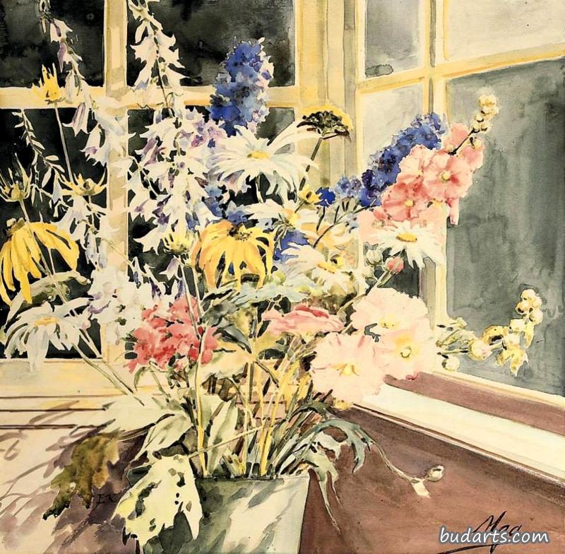 有雏菊、飞燕草和彭斯泰蒙的静物画
