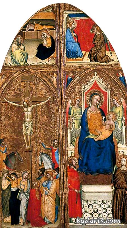Virgin Enthroned with the Christ Child (right wing of a triptych) with the Annunciation above, Christ on the Cross (left wing of a triptych) with the Nativity above