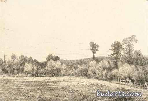 Une prairie à Villers, près d'Aumale, avec une maison entourée d'arbres au fond Une prairie à Villers, près d'Aumale, avec une maison entourée d'arbres au fond