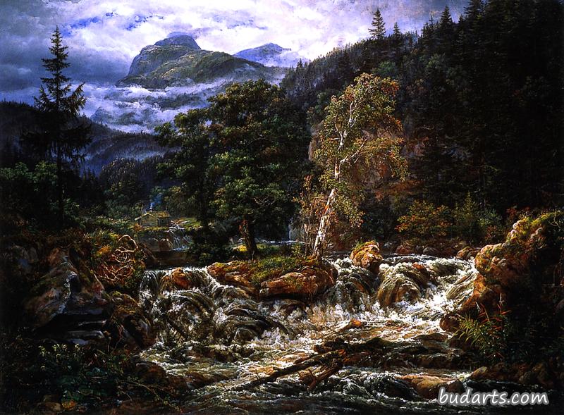 挪威瀑布山景