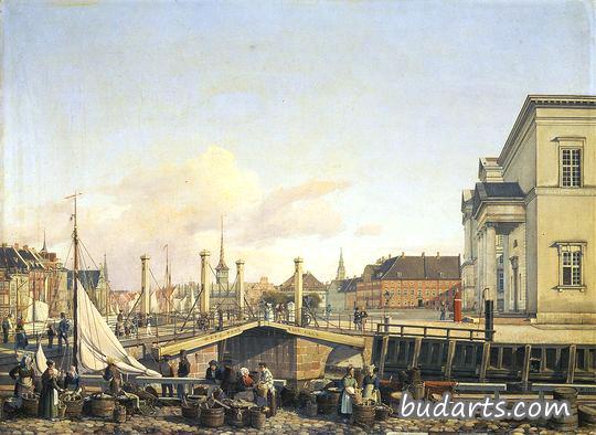 Højbro and women selling fish at Gammel Strand in Copenhagen, Denmark.