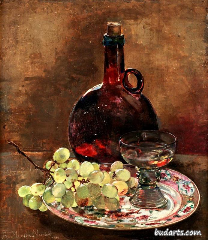 葡萄和玻璃瓶的静物画