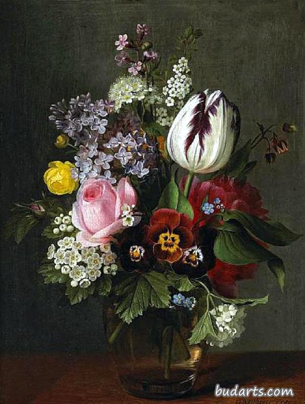 玻璃花瓶里有玫瑰、郁金香、三色堇和其他花的静物画