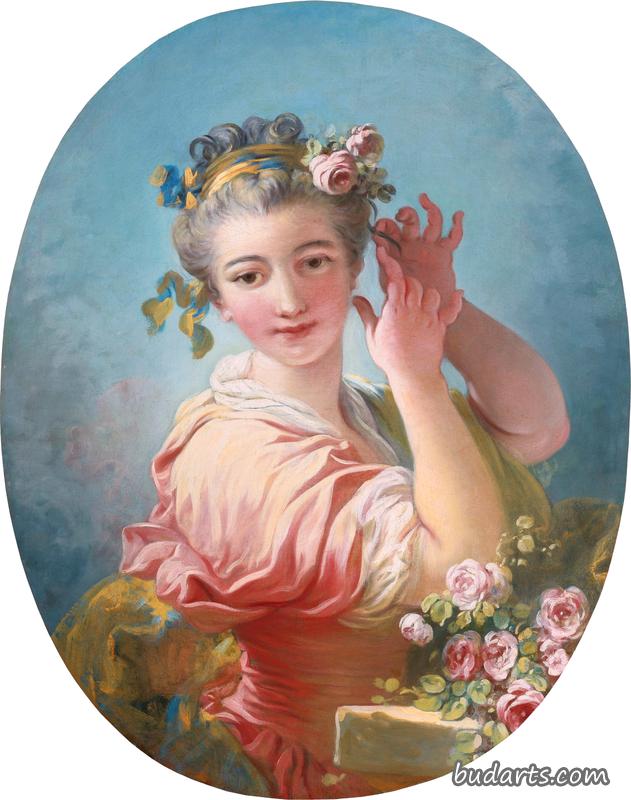 一个年轻的女人用一束玫瑰花装饰着她那蓬松的头发