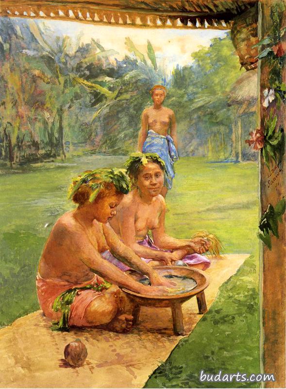 Young Girls Preparing Kava. Outside of the Hut Whose Posts Are Decorated wih Flowers, the Attendant, Standing in the Background Is There to Hand the Cocoanut Cup When Filled Young Girls Preparing Kava. Outside of the Hut Whose Posts Are Decorated wih Flowers, the Attendant, Standing in the Background Is There to Hand the Cocoanut Cup When Filled