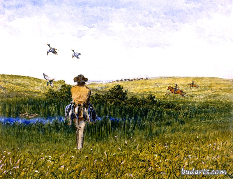 远处一列移民马车在草原上猎鸭