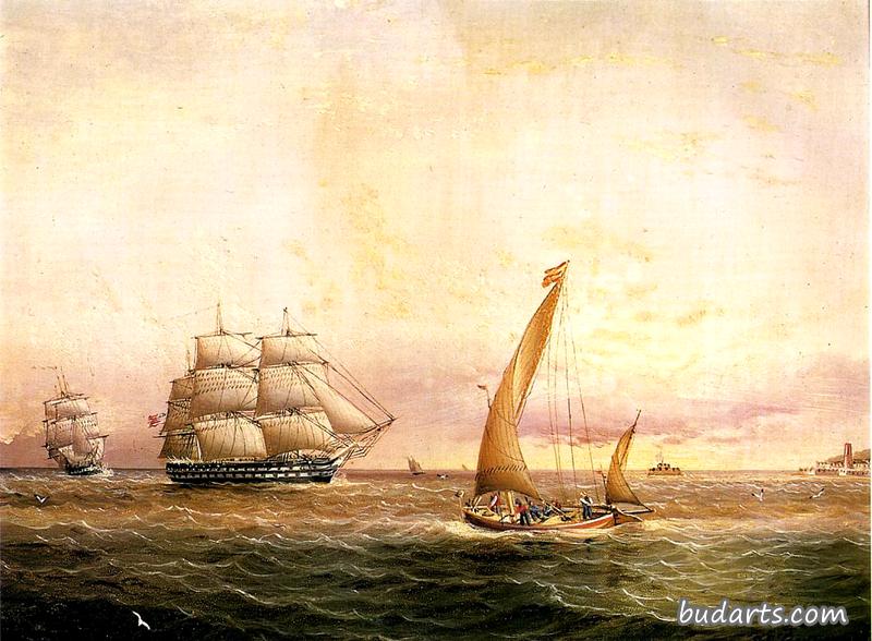 两艘美国海军舰艇进港