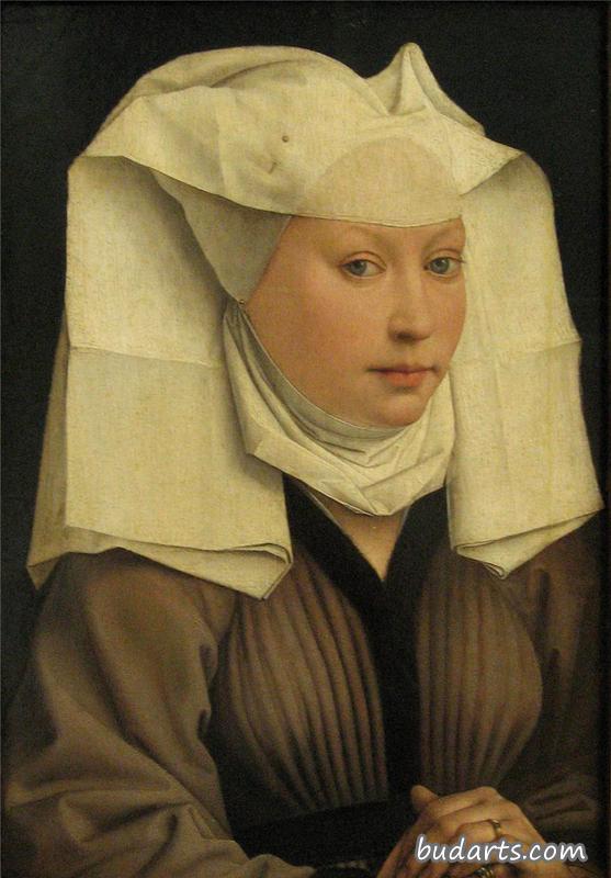 一位白色头饰的女士的肖像
