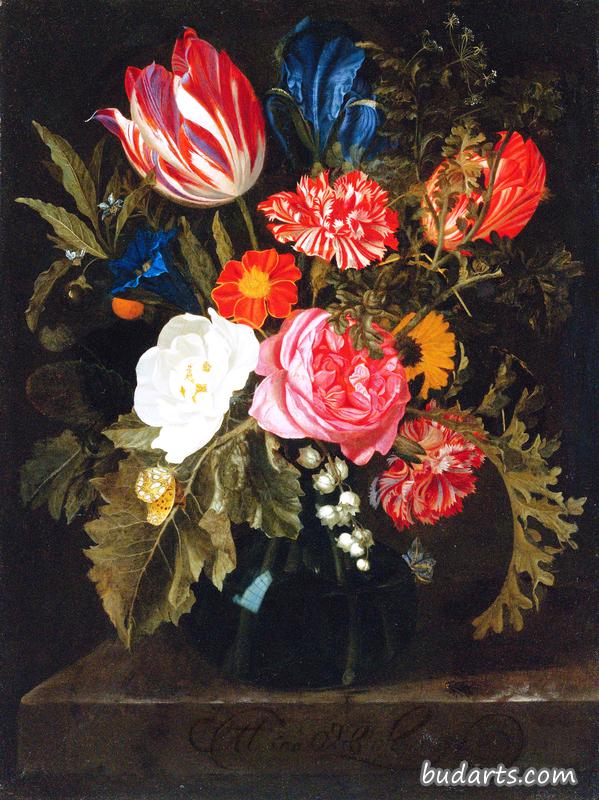 玻璃花瓶里的玫瑰、康乃馨、郁金香和其他花的静物画 玻璃花瓶里的玫瑰、康乃馨、郁金香和其他花的静物画