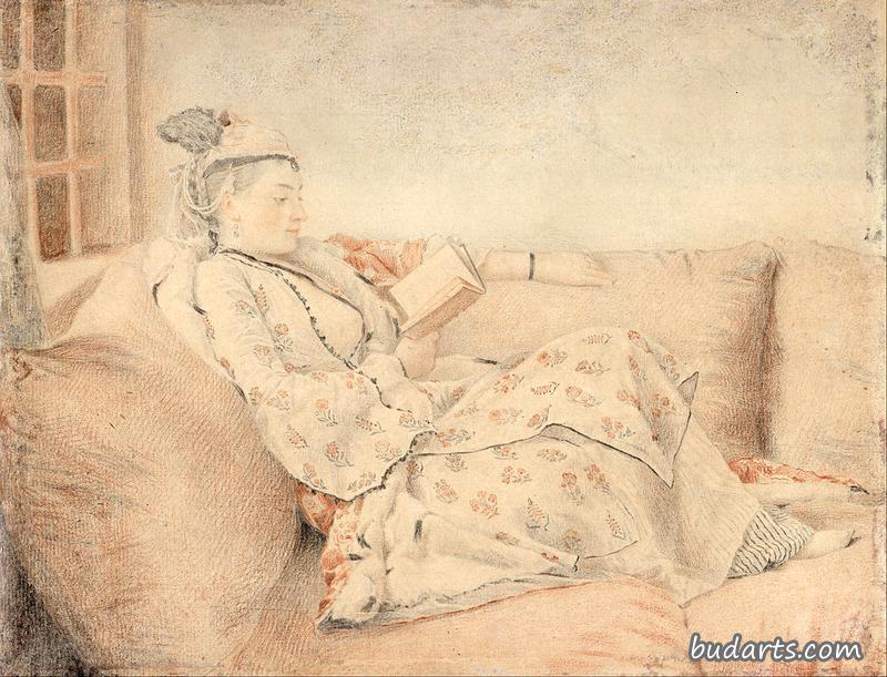 穿土耳其语服装的女士，阅读