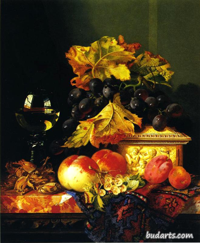Black Grapes on a Carved Ivory Box, Peaches, Whitecurrants and Hazelnuts with a Hoch Glass on a Marble Ledge Black Grapes on a Carved Ivory Box, Peaches, Whitecurrants and Hazelnuts with a Hoch Glass on a Marble Ledge