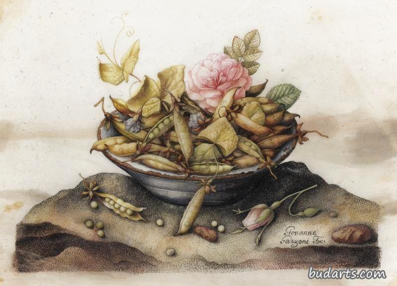 有一碗甜豌豆和粉红玫瑰的静物画 有一碗甜豌豆和粉红玫瑰的静物画