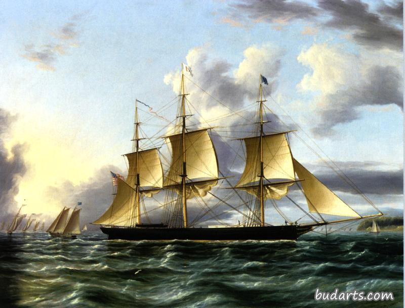 The American Clipper 'Architect' off a Coast with Pilot Boat, a Regatta and other Shipping in the Distance The American Clipper 'Architect' off a Coast with Pilot Boat, a Regatta and other Shipping in the Distance