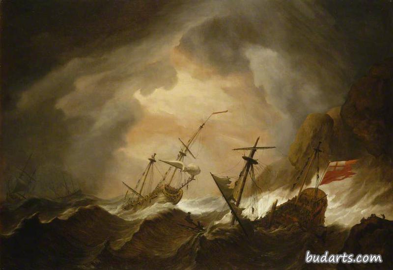 两艘英国船只在岩石海岸的风暴中失事