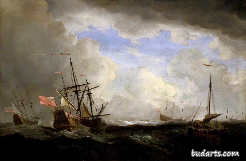 一艘英国船和一艘在海上与其他船只一起狂风中的锄头船