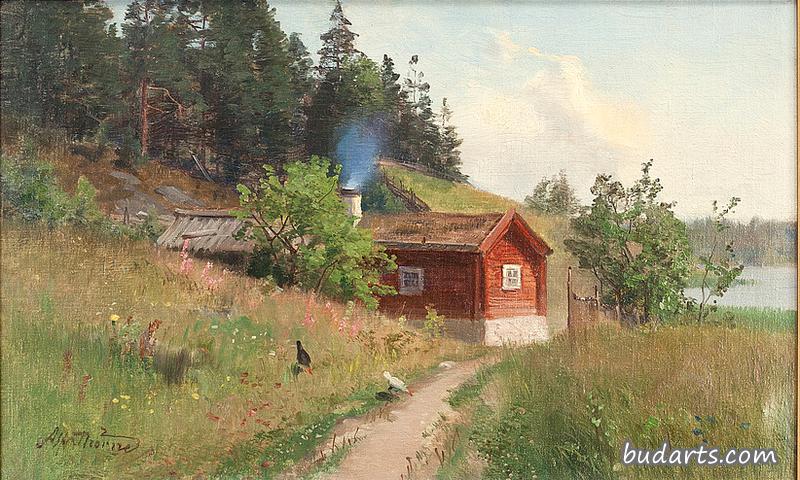 红色小屋的夏季景观