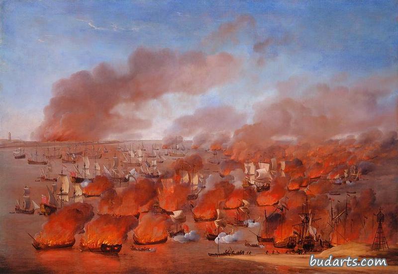 1666年8月19日，在特谢林和弗利兰之间焚烧荷兰商船