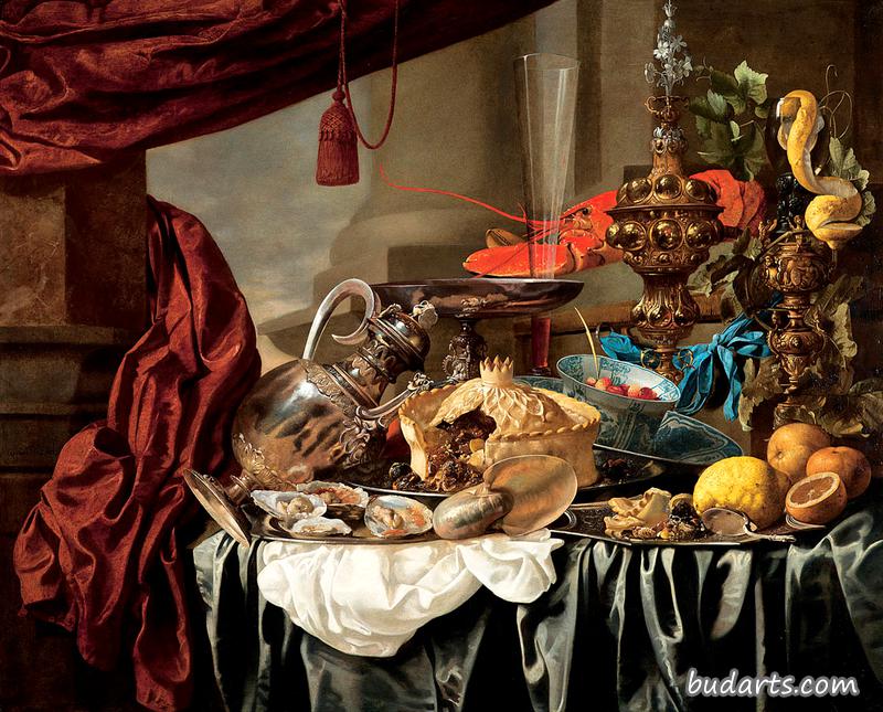 Pronk Still Life with Silver and Gilt Vessels, a Nautilus Shell, Porcelain, Food and Other Items on a Draped Table Pronk Still Life with Silver and Gilt Vessels, a Nautilus Shell, Porcelain, Food and Other Items on a Draped Table