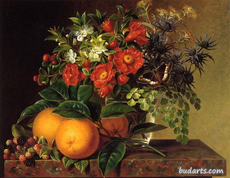 Thistle, Echinops, Myrtle in a Glass Vase with Oranges, Blackberries and a Butterfly no a Brown Marble Ledge Thistle, Echinops, Myrtle in a Glass Vase with Oranges, Blackberries and a Butterfly no a Brown Marble Ledge