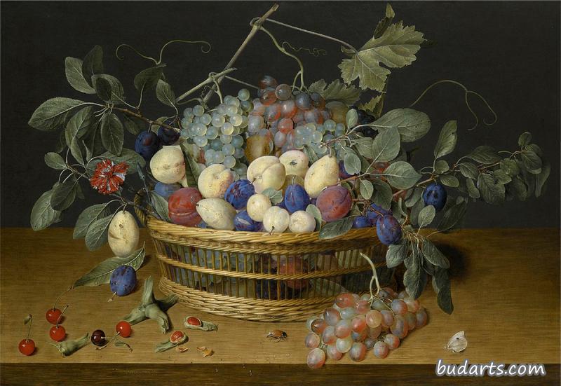 Still life with plums, grapes and peaches in a wicker basket, with Cherries, Hazelnuts, a Beetle and a Butterfly on the Woodentabletop Beneath” Still life with plums, grapes and peaches in a wicker basket, with Cherries, Hazelnuts, a Beetle and a Butterfly on the Woodentabletop Beneath”