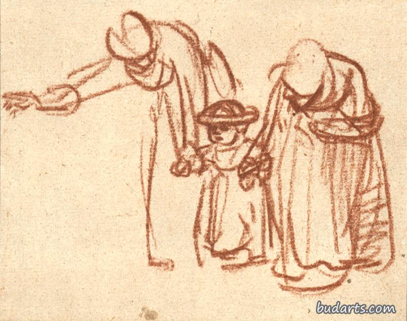 两个女人教一个孩子走路
