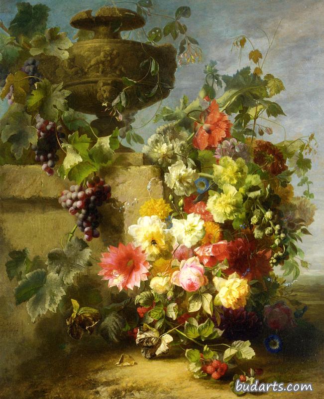 Still Life of Roses, Morning Glories, Chrysanthemums, Forget-me-nots, Grapes and Raspberries by a Decorative Stone Urn on a Ledge in a Landscape