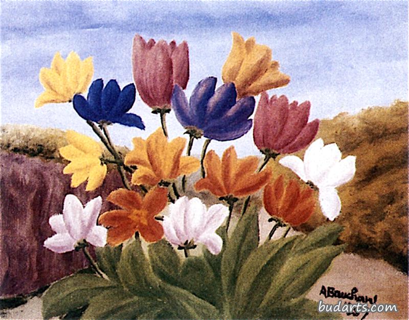 郁金香混合花束衬托风景