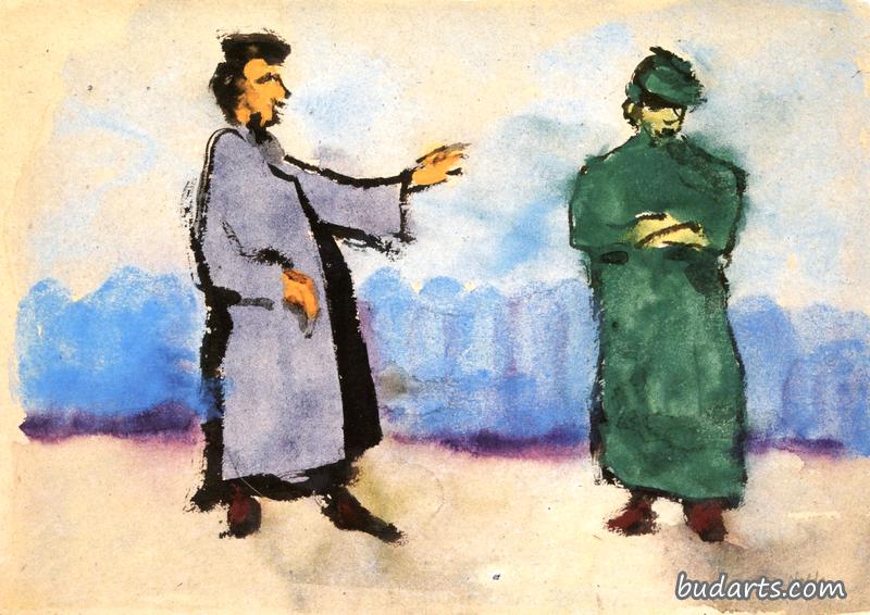两个人物，紫色和绿色