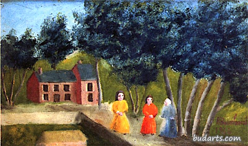三个女人在屋前的树下