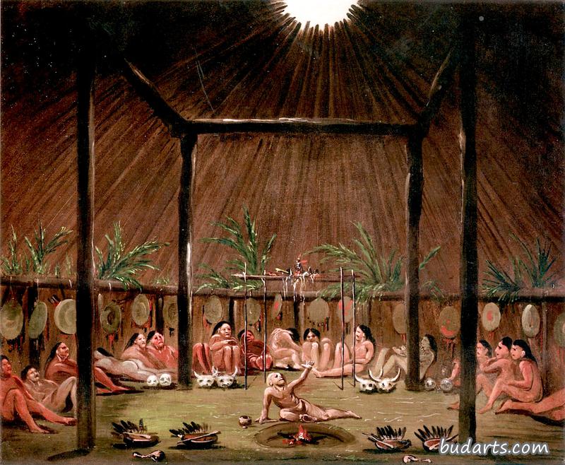 Interior View of the Medicine Lodge, Mandan O-kee-pa Ceremony