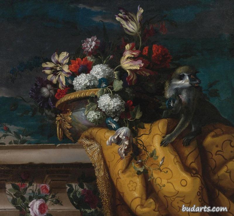 让·巴普蒂斯特·蒙诺耶-郁金香、绣球花和其他金坛花和猴子的静物